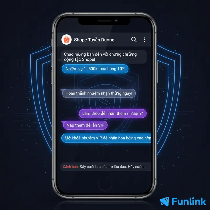 Chiêu trò lừa đảo việc làm online qua tin nhắn Telegram mời làm cộng tác viên Shopee.