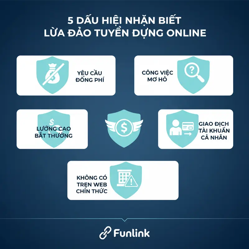 Infographic 5 dấu hiệu nhận biết lừa đảo việc làm online cần cảnh giác để phòng tránh.