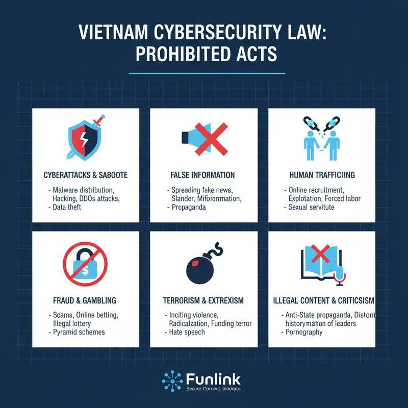 Infographic các hành vi bị cấm theo Luật an ninh mạng Việt Nam, bao gồm đăng tin giả và tấn công mạng.