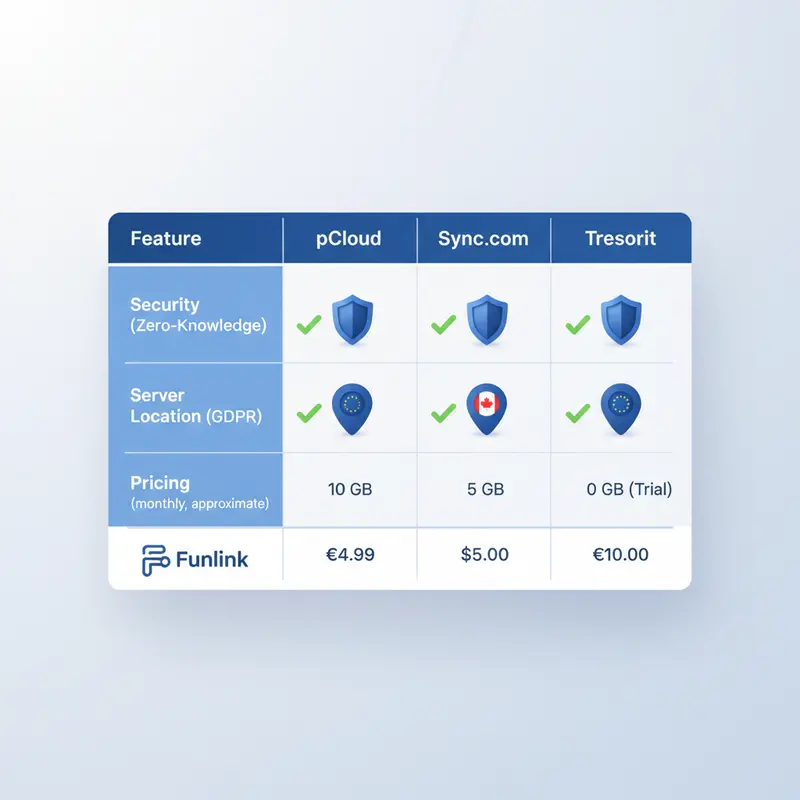 Bảng so sánh tính năng và giá của các dịch vụ lưu trữ đám mây bảo mật cao hàng đầu: pCloud, Sync.com, và Tresorit.