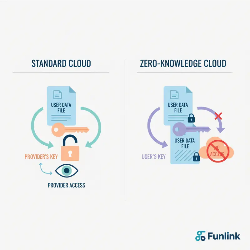 Sơ đồ so sánh lưu trữ đám mây bảo mật cao zero-knowledge và lưu trữ thông thường về quyền truy cập dữ liệu của nhà cung cấp.