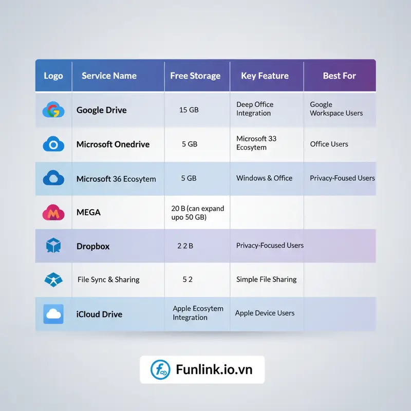 Bảng so sánh các dịch vụ lưu trữ đám mây miễn phí tốt nhất về dung lượng và tính năng.