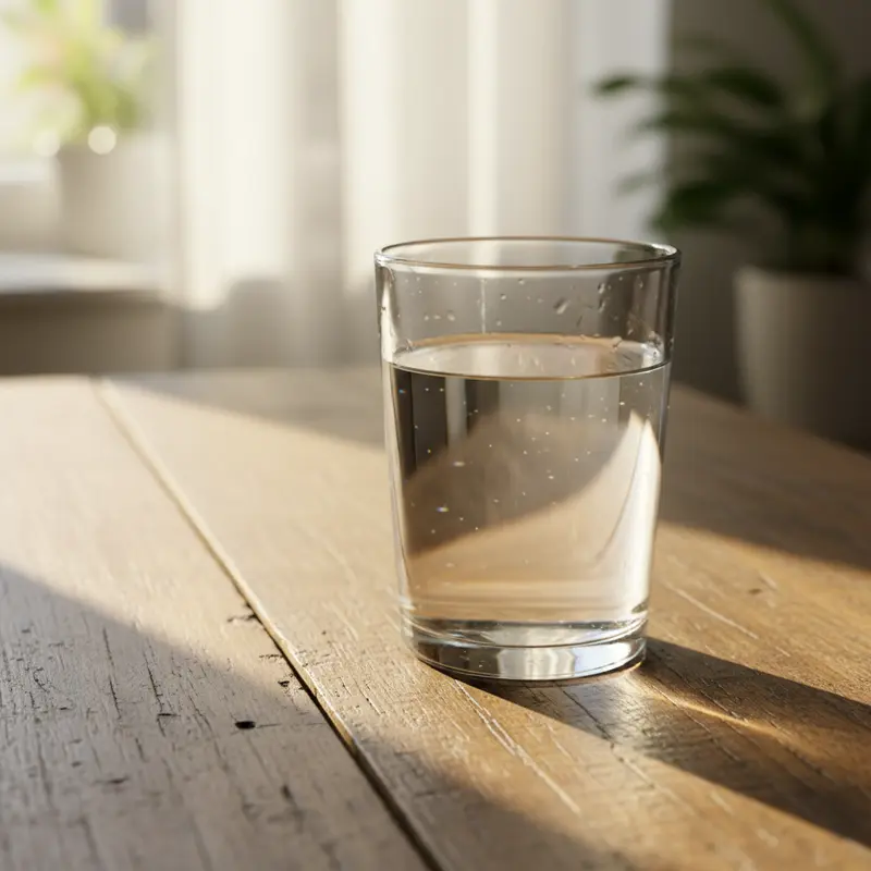 Một ly nước tinh khiết đặt trên bàn gỗ