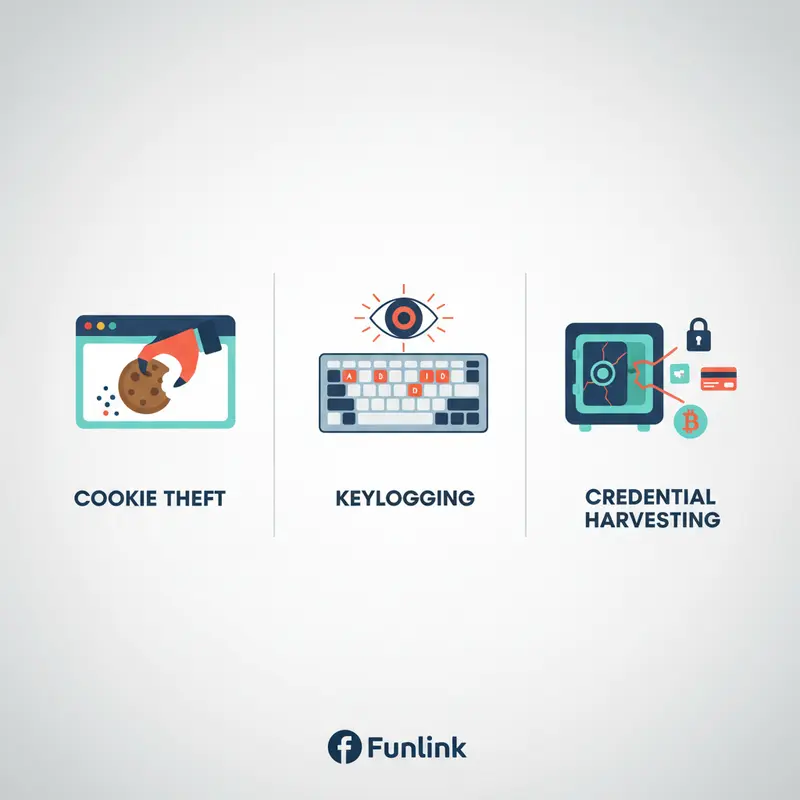 Infographic mô tả 3 cơ chế của mã độc đánh cắp thông tin: ăn cắp cookie, keylogging, và thu thập mật khẩu.