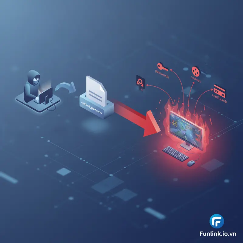 Sơ đồ cách hacker phát tán mã độc đánh cắp thông tin qua file game crack và tool auto-click.