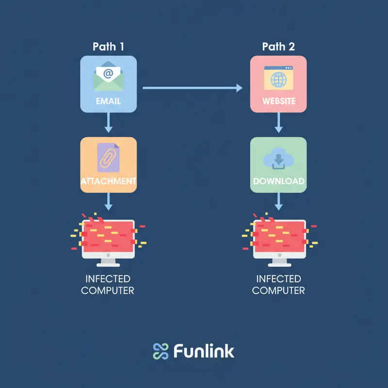 Sơ đồ minh họa các con đường lây nhiễm mã độc Malware phổ biến qua email và website.