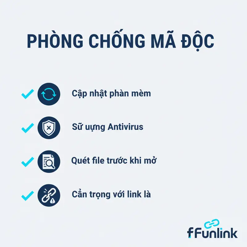 Checklist các bước cần làm để phòng chống mã độc Malware hiệu quả, bao gồm cập nhật, quét virus, và cẩn trọng.