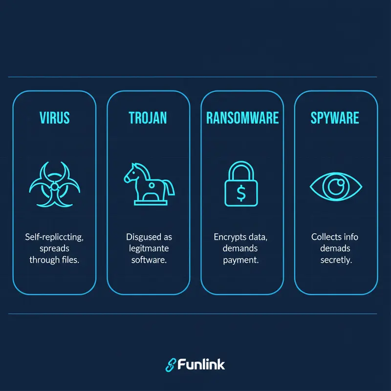Infographic so sánh các loại mã độc Malware phổ biến gồm Virus, Trojan, Ransomware, Spyware.