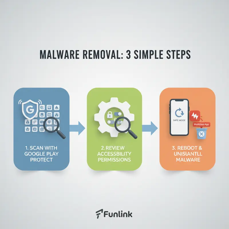 Infographic hướng dẫn gỡ bỏ mã độc trên ứng dụng android theo 3 bước an toàn.