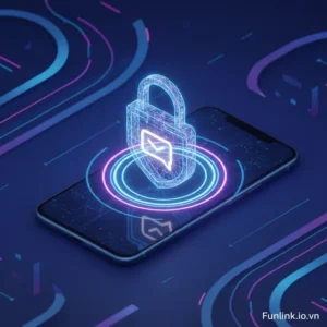 Mã hóa đầu cuối là gì - biểu tượng chiếc khóa kỹ thuật số phát sáng bảo vệ tin nhắn trên điện thoại.