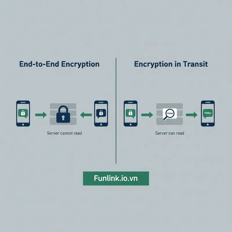 So sánh mã hóa đầu cuối (E2EE) và mã hóa khi truyền (In-transit), cho thấy máy chủ không thể đọc tin nhắn E2EE.
