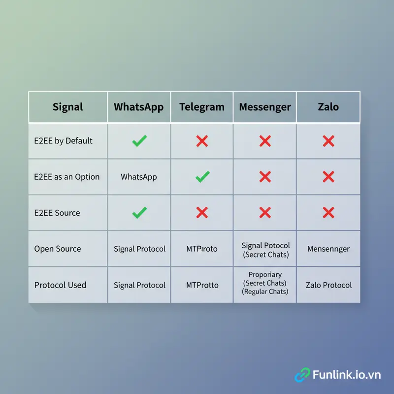Bảng so sánh tính năng mã hóa đầu cuối của các ứng dụng nhắn tin phổ biến như Signal, WhatsApp, Telegram.