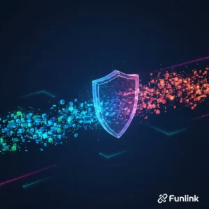 Minh họa khái niệm mã hóa dữ liệu là gì với hình ảnh một chiếc khiên kỹ thuật số bảo vệ dòng dữ liệu đang truyền đi.