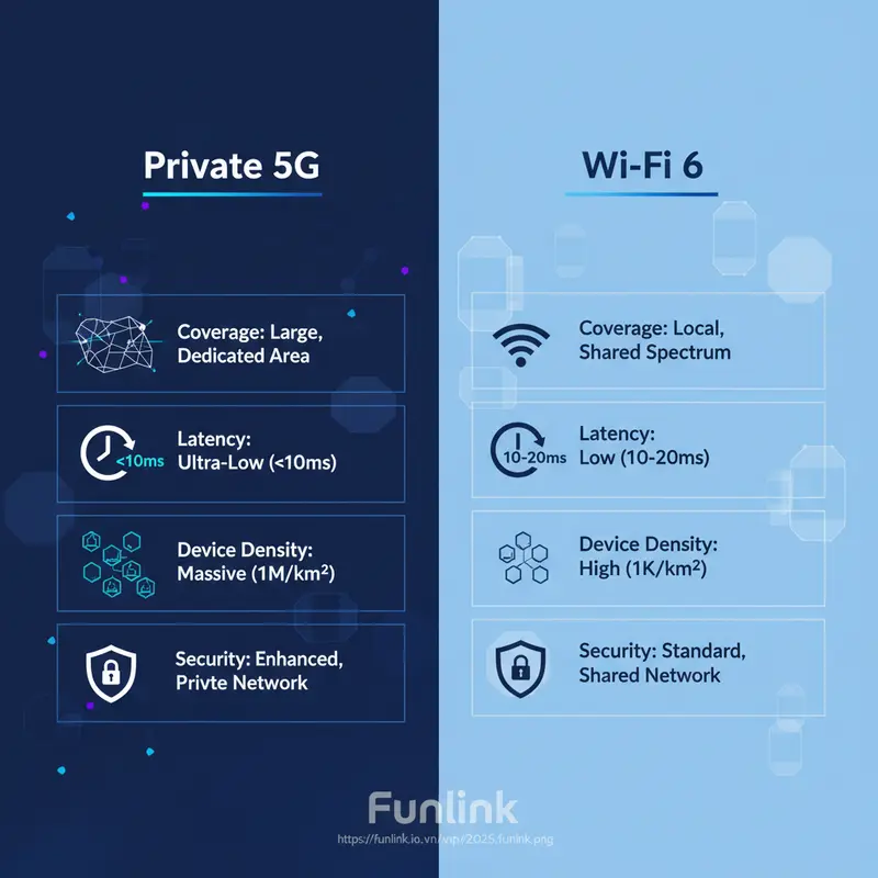 Infographic so sánh Mạng 5G Riêng và Wifi 6 về phạm vi, độ trễ, mật độ và bảo mật cho nhà máy.