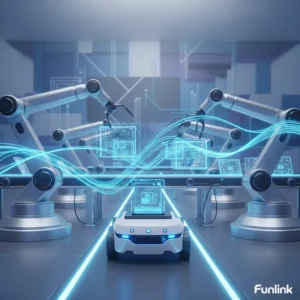 Mạng 5G Riêng kết nối robot và dây chuyền sản xuất trong một nhà máy thông minh hiện đại.