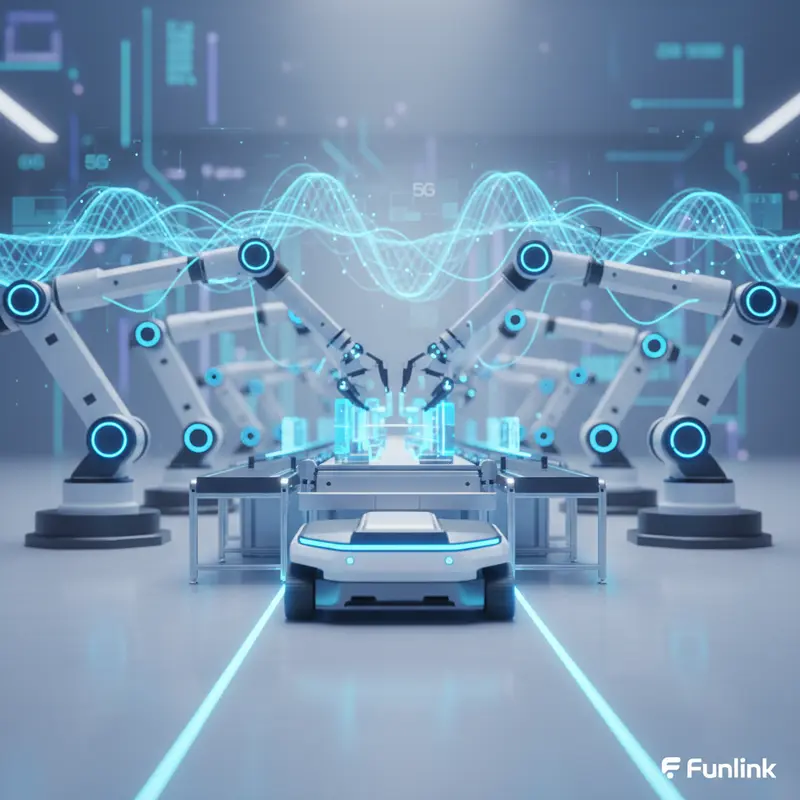 Mạng 5G Riêng kết nối robot và dây chuyền sản xuất trong một nhà máy thông minh hiện đại.