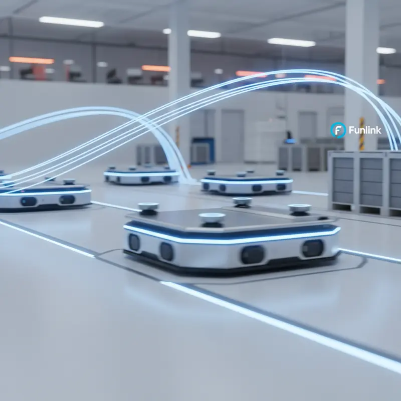 Robot tự hành AGV vận chuyển hàng hóa chính xác nhờ kết nối ổn định của Mạng 5G riêng.