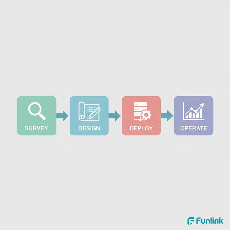 Sơ đồ 4 bước triển khai Mạng 5G riêng cho doanh nghiệp gồm khảo sát, thiết kế, triển khai và vận hành.