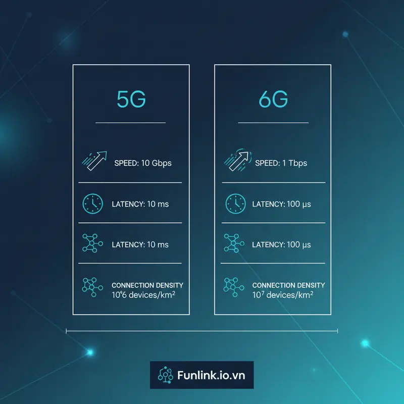 Sơ đồ so sánh thông số kỹ thuật mạng 6G và 5G về tốc độ, độ trễ và mật độ kết nối.