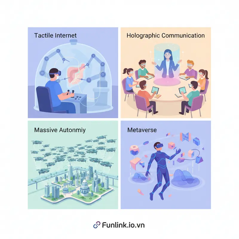 Infographic 4 ứng dụng đột phá của mạng 6G trong tương lai như phẫu thuật từ xa và metaverse.