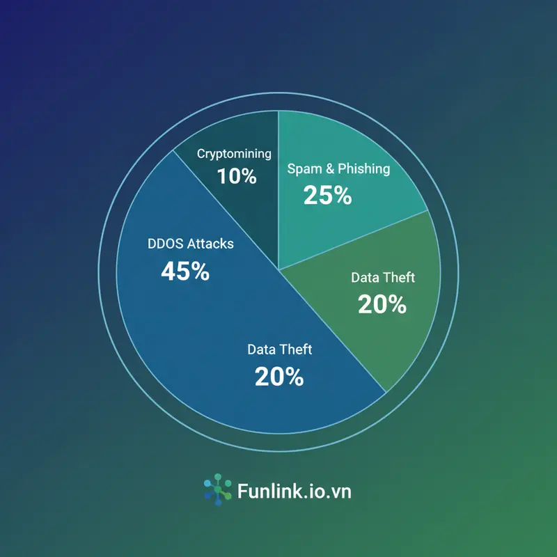 Biểu đồ tròn thể hiện các loại tấn công từ mạng máy tính ma, trong đó DDoS chiếm tỷ lệ cao nhất.