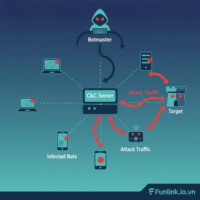 Infographic sơ đồ mạng máy tính ma botnet, bao gồm botmaster, server C&C và các thiết bị bị nhiễm.