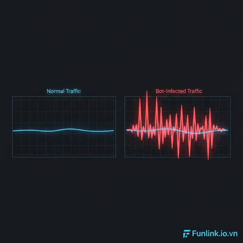 Sơ đồ so sánh lưu lượng mạng của máy tính bình thường và máy tính bị nhiễm mạng máy tính ma botnet.