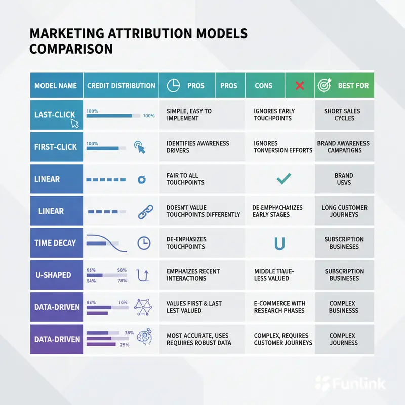 Bảng so sánh chi tiết các marketing attribution model phổ biến như Last-Click, First-Click, Linear, và Data-Driven.