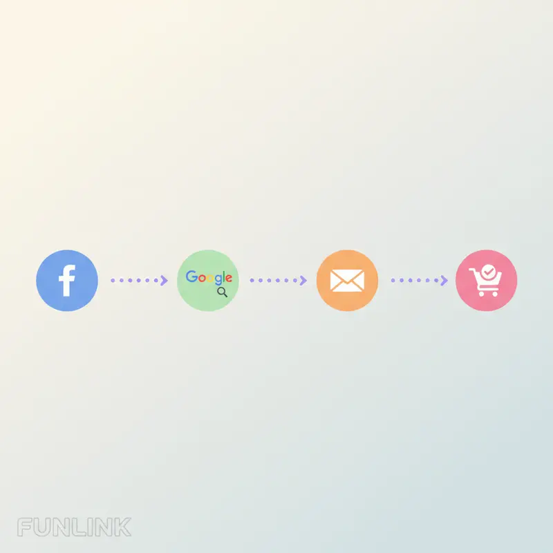 Sơ đồ hành trình khách hàng sử dụng marketing attribution model để phân tích các kênh từ Facebook, Google Search đến Email.