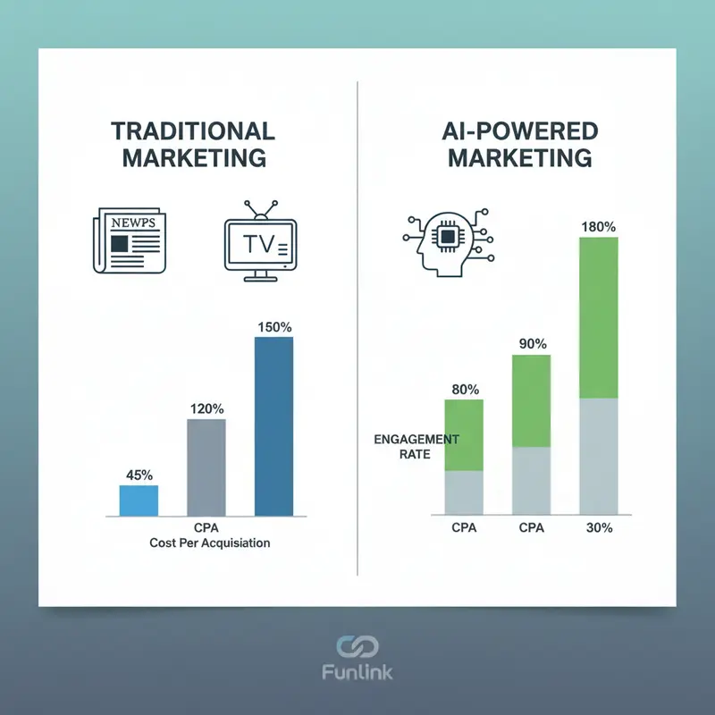 Infographic marketing ứng dụng AI: So sánh ROI, Tỷ lệ chuyển đổi và Chi phí trên mỗi chuyển đổi so với marketing truyền thống.
