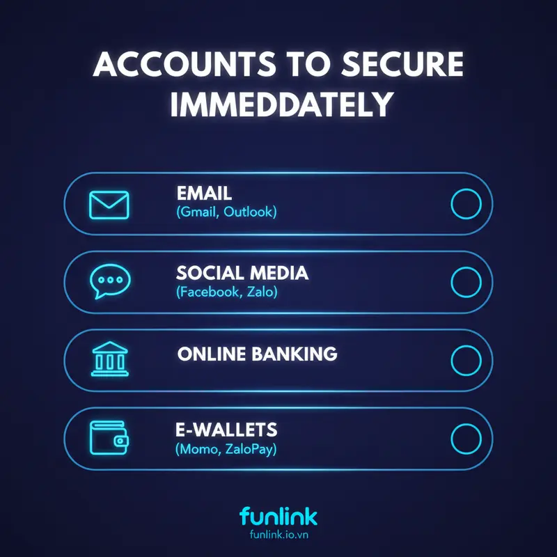 Checklist các tài khoản quan trọng cần đổi mật khẩu ngay khi mất điện thoại: Email, Mạng xã hội, Ngân hàng.