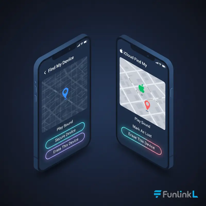 Giao diện định vị khi mất điện thoại của Google Find My Device và iCloud Find My với nút Khóa và Xóa thiết bị.