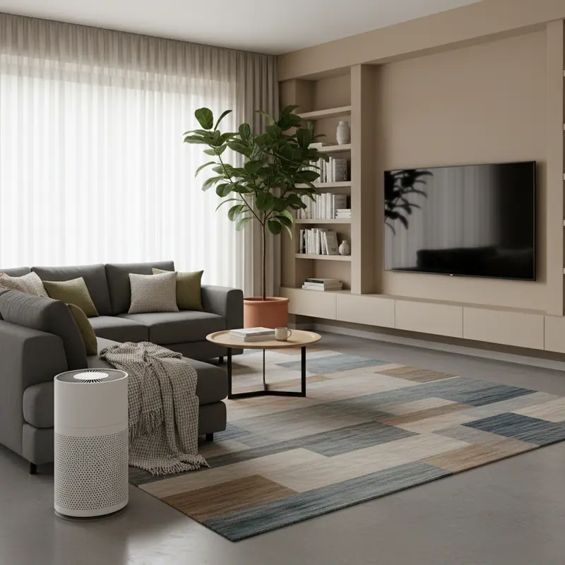 Máy lọc không khí đang hoạt động trong phòng khách hiện đại