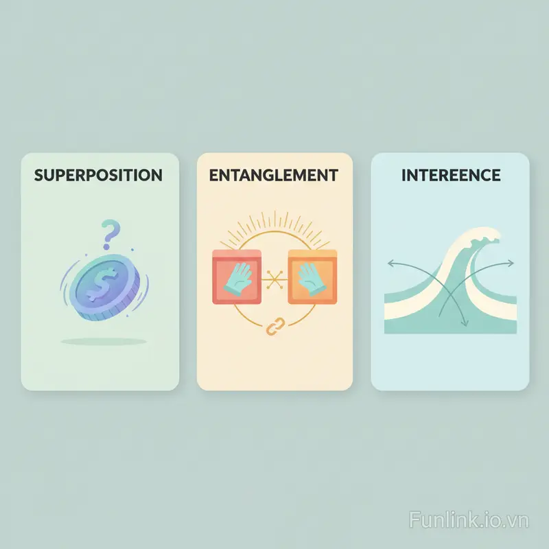 Infographic ba nguyên lý cốt lõi của máy tính lượng tử: Chồng chập, Rối và Giao thoa lượng tử.