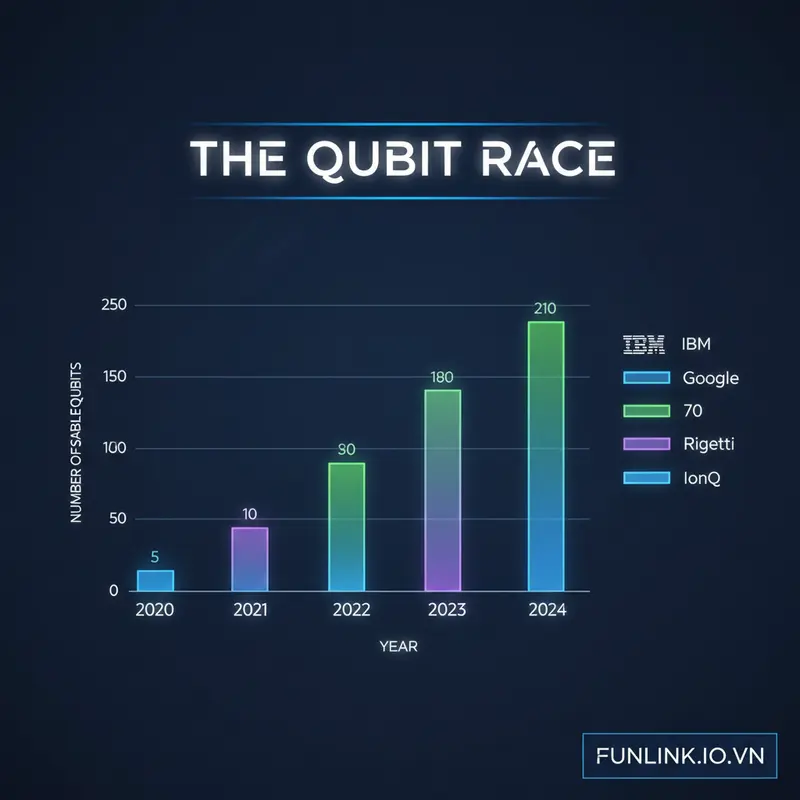 Biểu đồ cột về cuộc đua Qubit của các ông lớn công nghệ như IBM và Google trong lĩnh vực máy tính lượng tử.