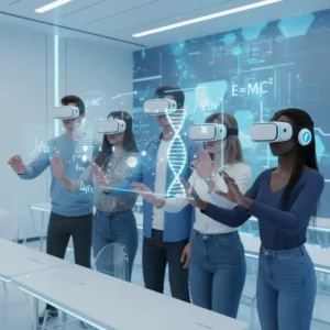 Minh họa Metaverse trong giáo dục với sinh viên tương tác trong môi trường 3D sống động.