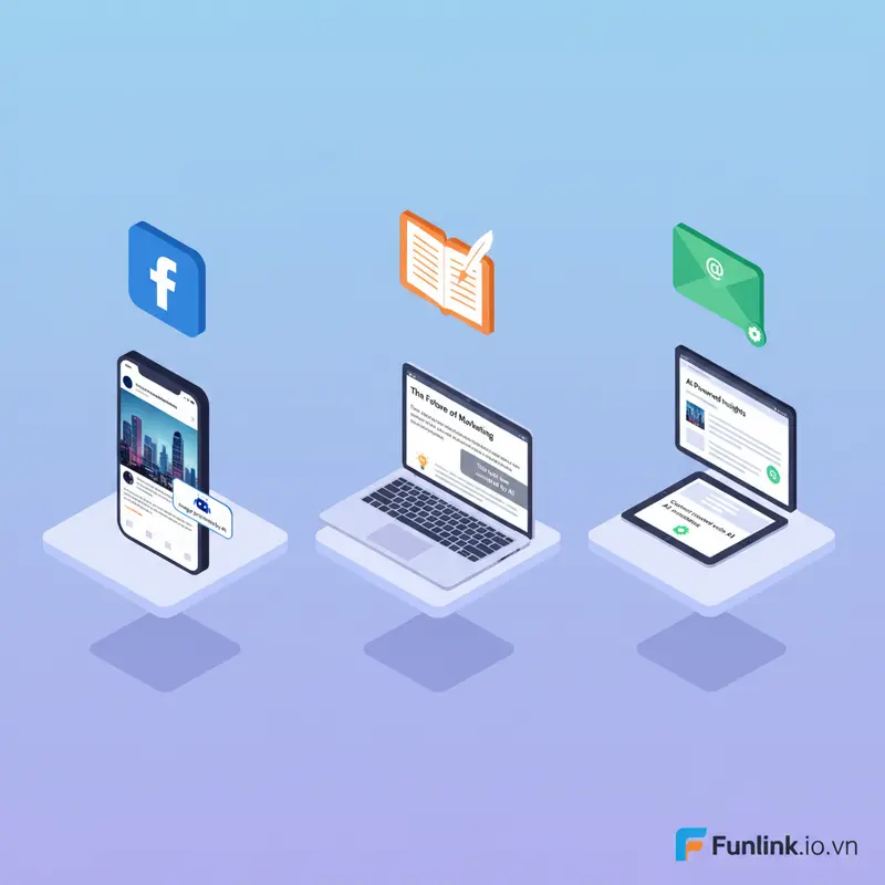 Infographic hướng dẫn minh bạch hóa AI trong marketing với các ví dụ dán nhãn nội dung AI trên mạng xã hội, blog và email.