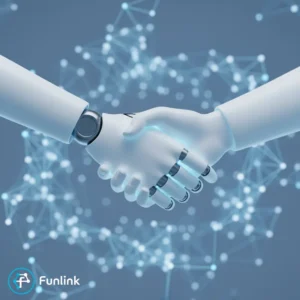 Minh bạch hóa AI trong marketing: Một con robot bắt tay một người, biểu tượng cho sự tin tưởng và hợp tác giữa công nghệ và con người.