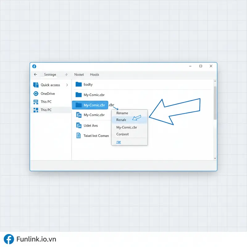 Hướng dẫn các bước mở file cbr/cbz bằng cách đổi đuôi file sang .rar hoặc .zip.