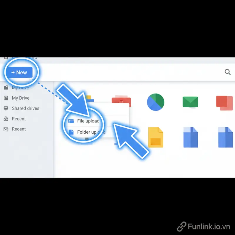 Hướng dẫn mở file DOCX bằng Google Drive với nút Tải tệp lên.