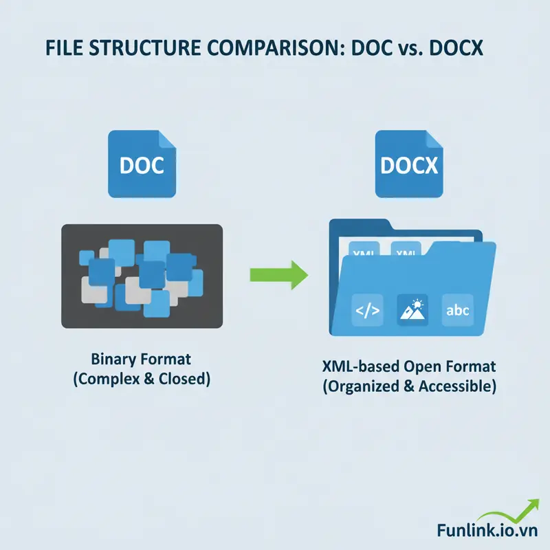 Sơ đồ so sánh cấu trúc file DOC và file DOCX để hiểu cách mở file DOCX.
