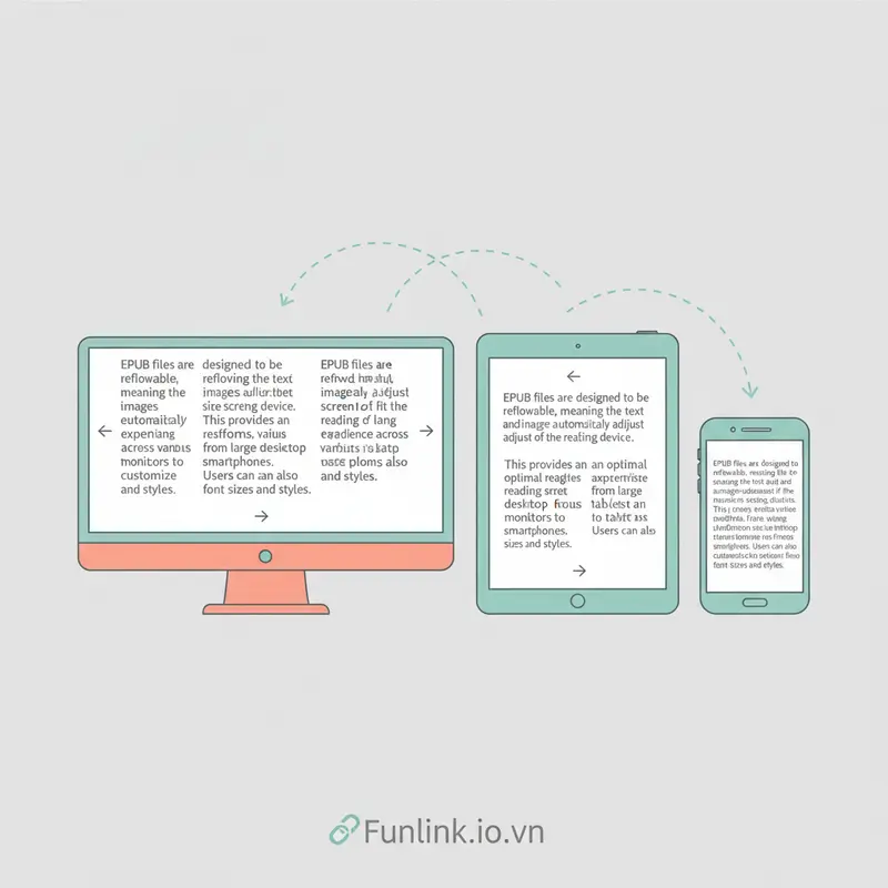 Minh họa file EPUB với văn bản tự động điều chỉnh trên màn hình máy tính, tablet và điện thoại.