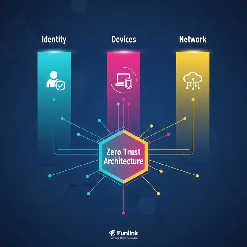 Infographic 3 trụ cột cốt lõi của mô hình zero trust: Danh tính, Thiết bị và Mạng lưới (Identity, Devices, Network).