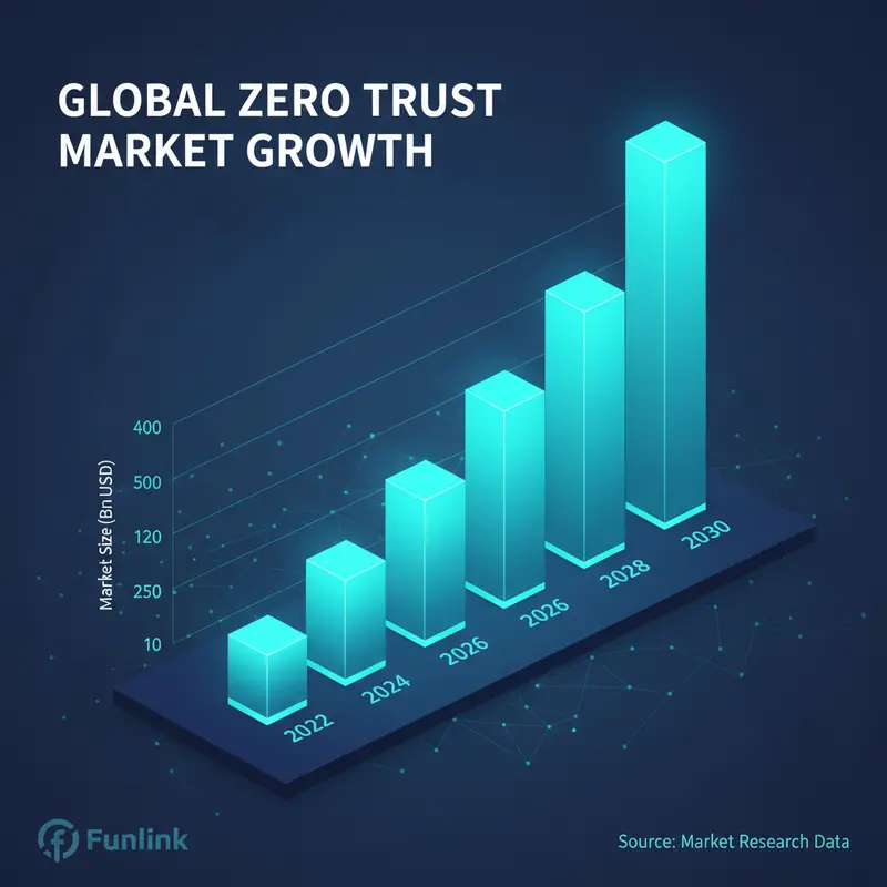 Biểu đồ thể hiện sự tăng trưởng mạnh mẽ của thị trường mô hình zero trust toàn cầu, dự báo đến năm 2030.