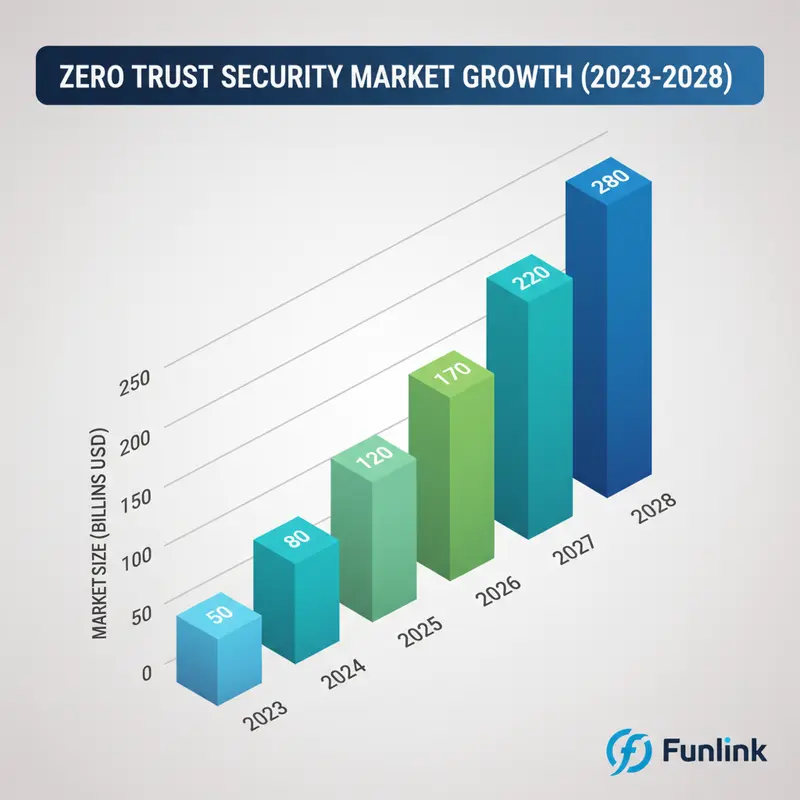 Biểu đồ cột thể hiện sự tăng trưởng mạnh mẽ của thị trường áp dụng mô hình Zero Trust từ 2023 đến 2028.
