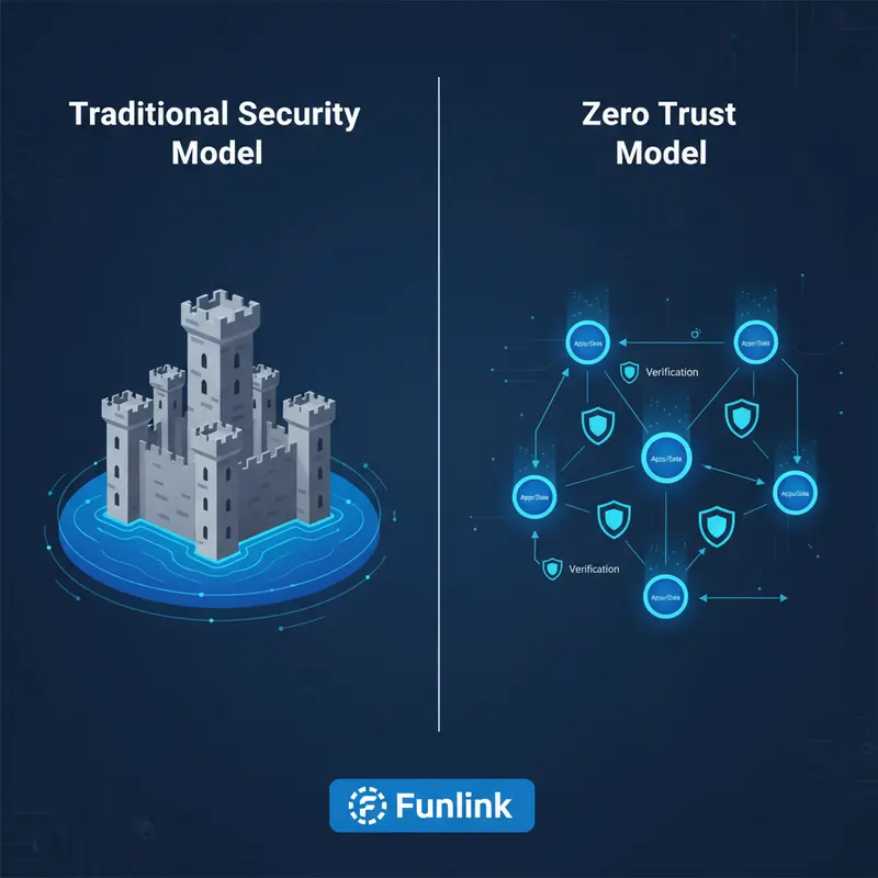 Sơ đồ so sánh mô hình Zero Trust, xác thực tại mọi điểm, với mô hình truyền thống như một lâu đài có hào nước.