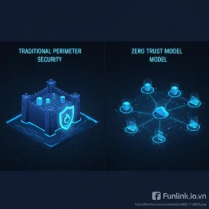 So sánh mô hình zero trust (bảo vệ từng tài nguyên) với mô hình cũ (tường lửa bao quanh) trong an ninh mạng.