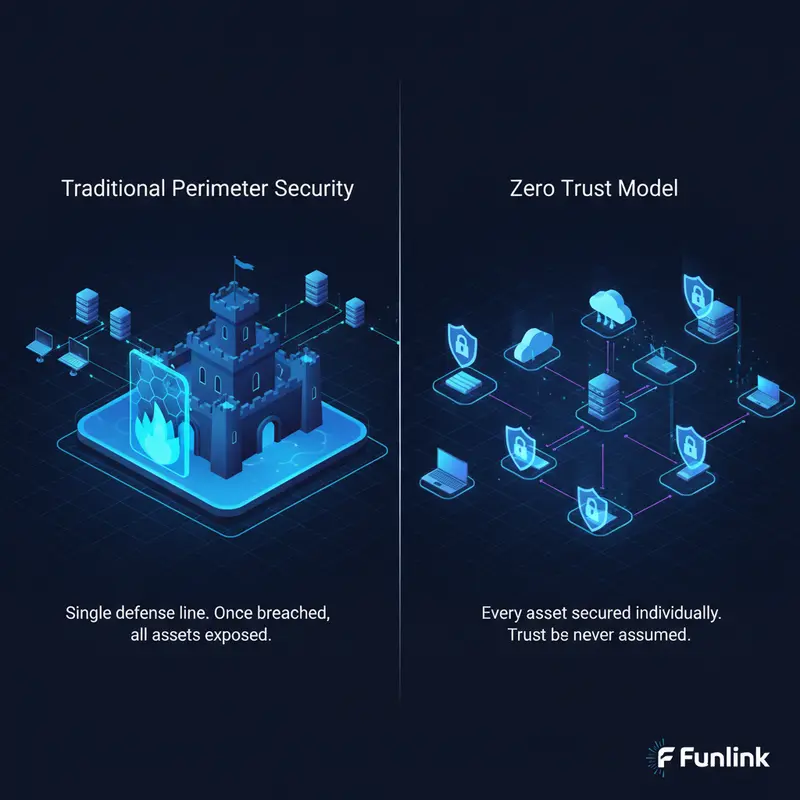 So sánh mô hình zero trust (bảo vệ từng tài nguyên) với mô hình cũ (tường lửa bao quanh) trong an ninh mạng.