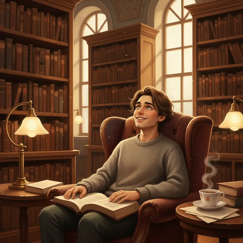Một người ngồi trong thư viện ấm cúng, bao quanh bởi những kệ sách cao