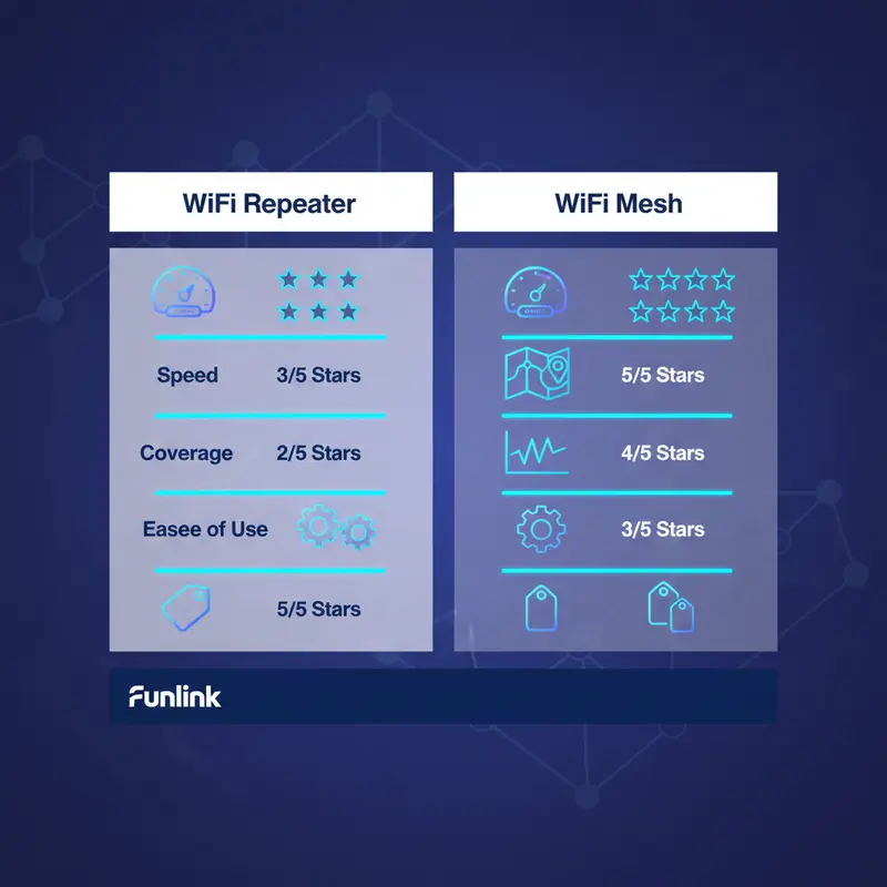 Bảng so sánh chi tiết giữa WiFi Repeater và WiFi Mesh giúp mở rộng vùng phủ sóng wifi hiệu quả.